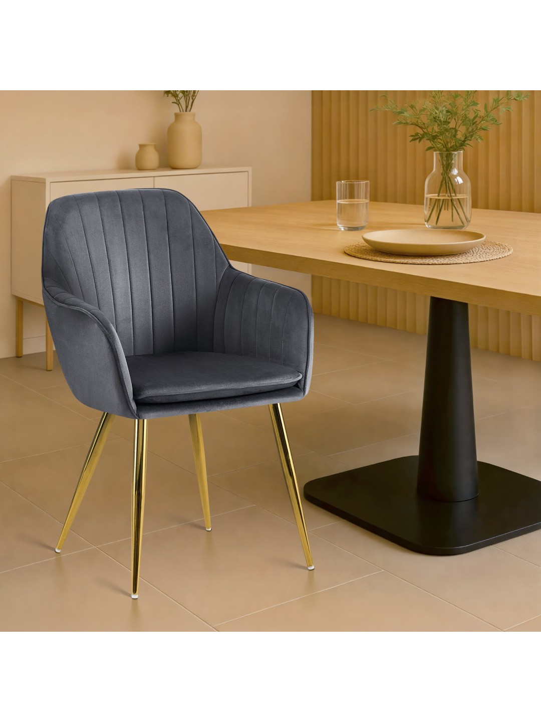 Silla de comedor Cheryl terciopelo dorado, gris oscuro