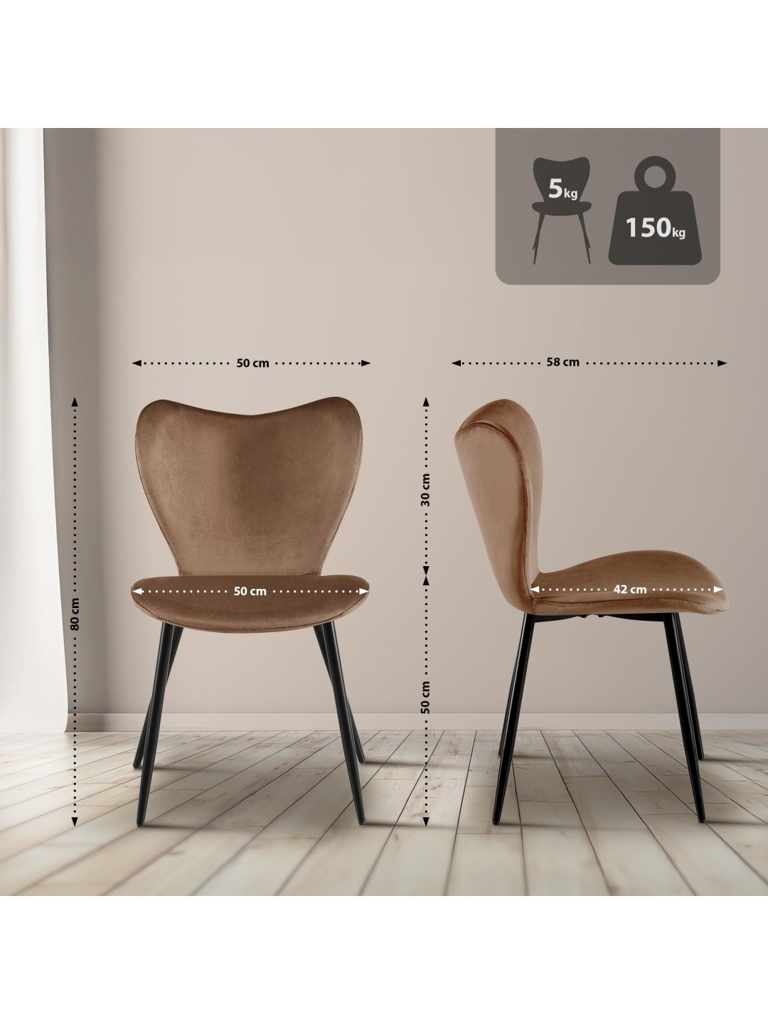 Silla de comedor Maika terciopelo, marrón