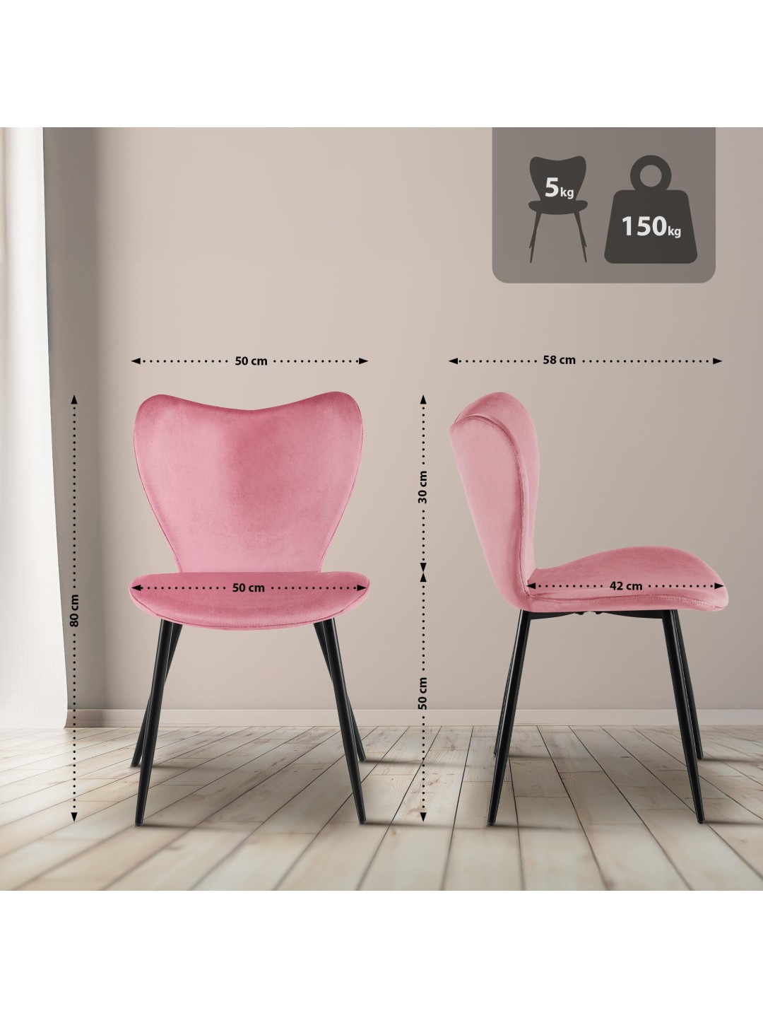 Silla de comedor Maika terciopelo, rosa