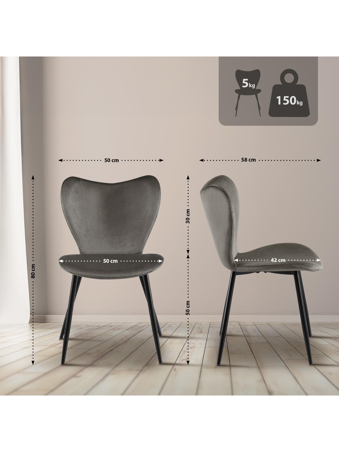 Silla de comedor Maika terciopelo, antracita