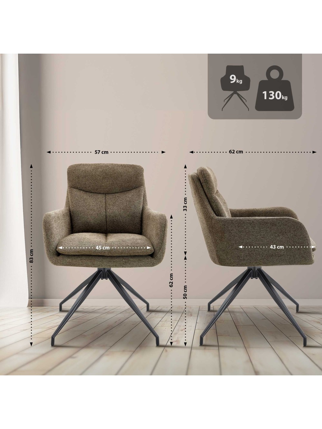 Juego de 2 sillas de comedor tela Somers, marrón