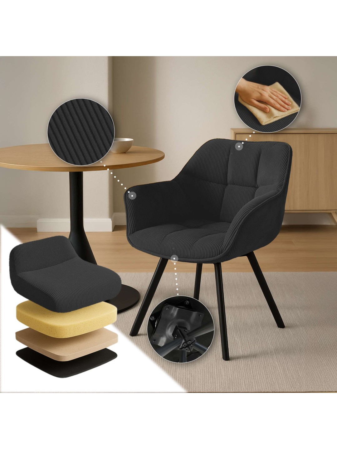 Silla de comedor Jordi Cord, negro