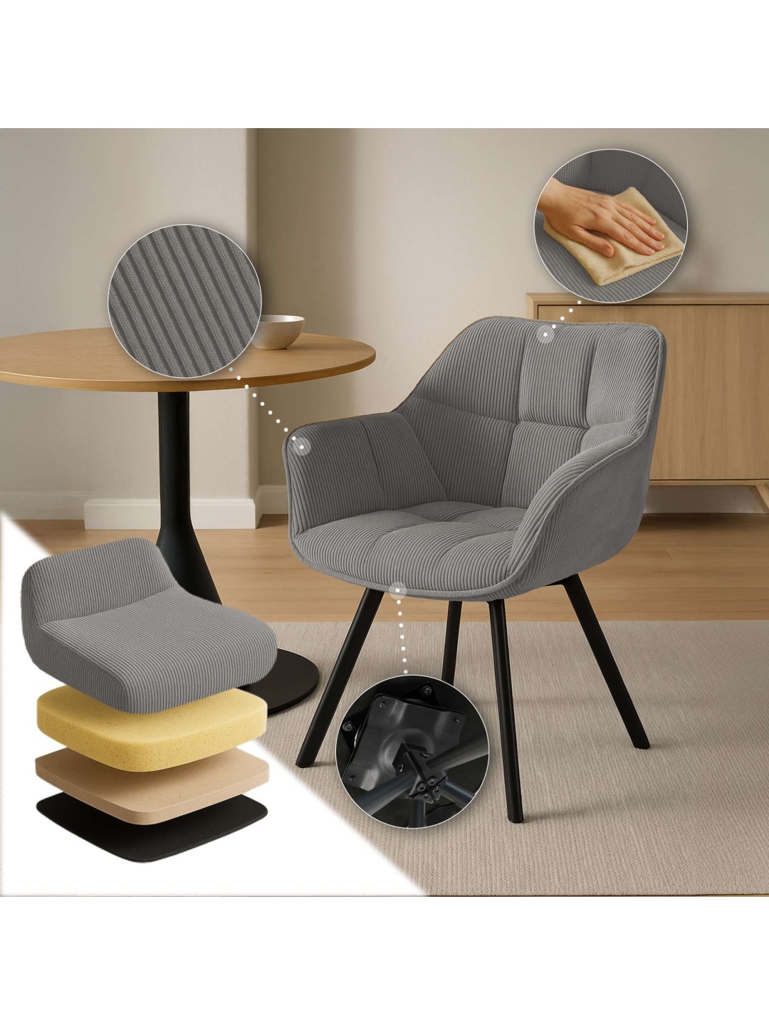 Silla de comedor Jordi Cord, gris