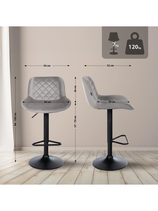 Juego de 2 taburetes de bar Kasson terciopelo, gris Juego de 2 taburetes de bar Kasson terciopelo, gris