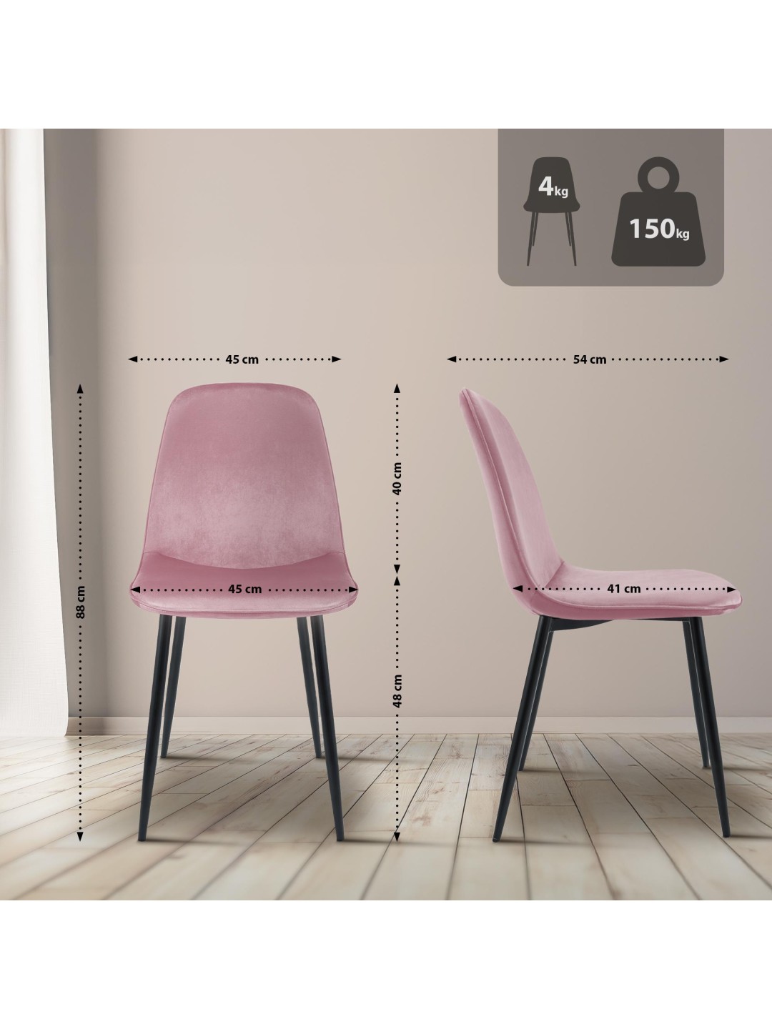 Juego de 4 sillas de comedor Maryam terciopelo, rosa