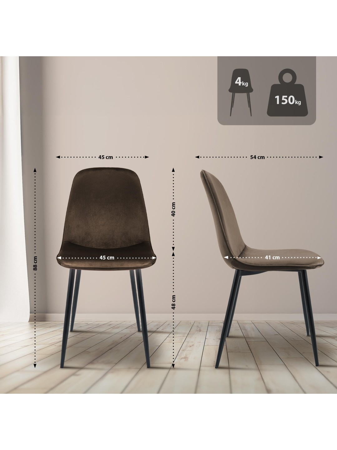 Juego de 4 sillas de comedor Maryam terciopelo, marrón