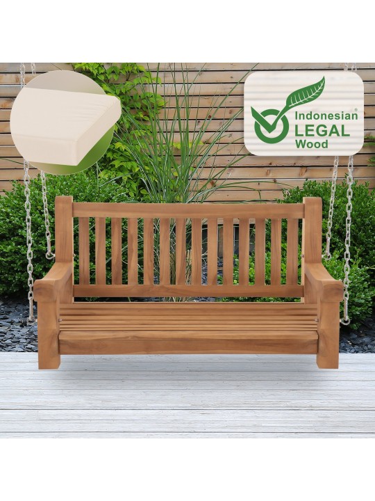 Banco mecedora Joyce con cojín de asiento 120 cm + teca, crema