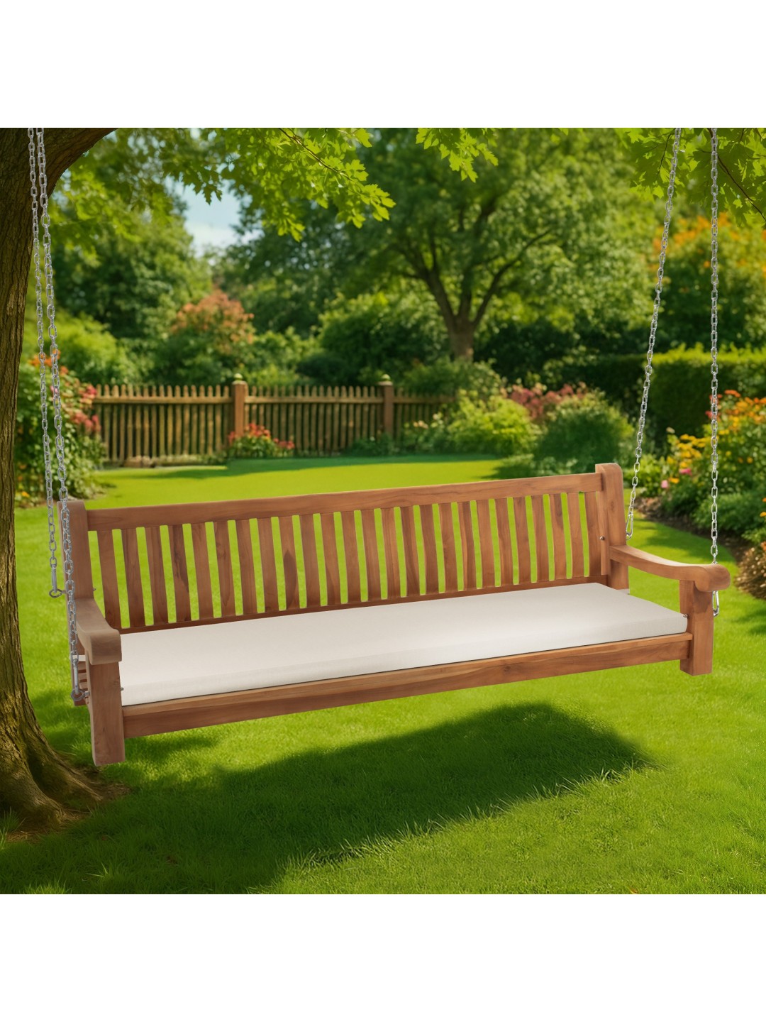 Banco mecedora Joyce con cojín de asiento 200 cm + teca, crema