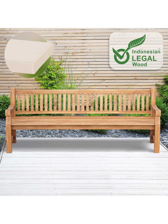 Banco de teca Jackson con cojín de asiento 240 cm + teca, crema Banco de teca Jackson con cojín de asiento 240 cm + teca, crema