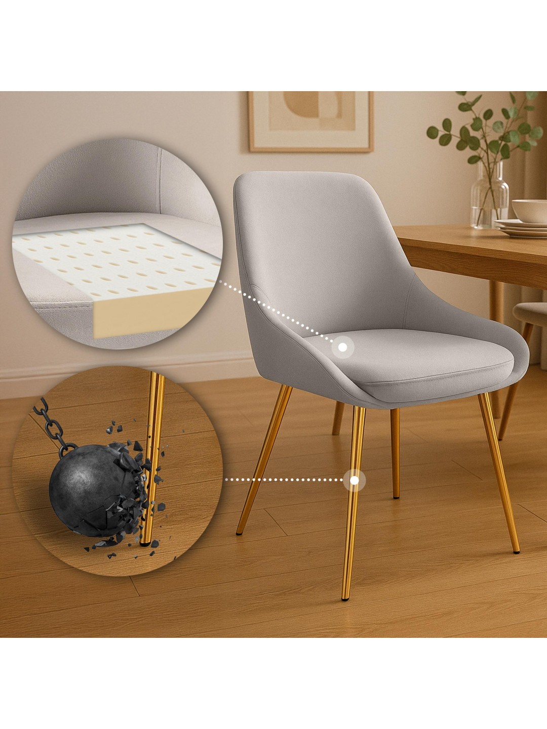 Juego de 2 sillas de comedor Elmira terciopelo dorado, gris