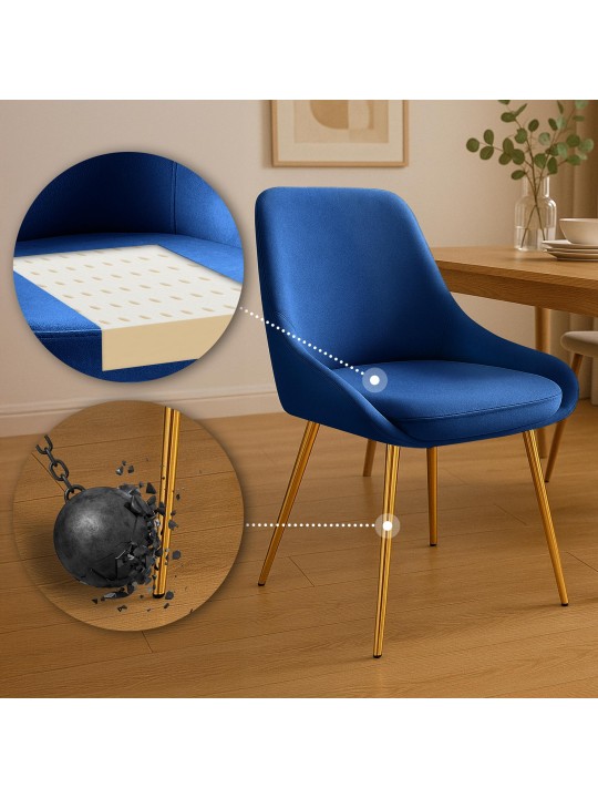 Juego de 2 sillas de comedor Elmira terciopelo dorado, azul oscuro