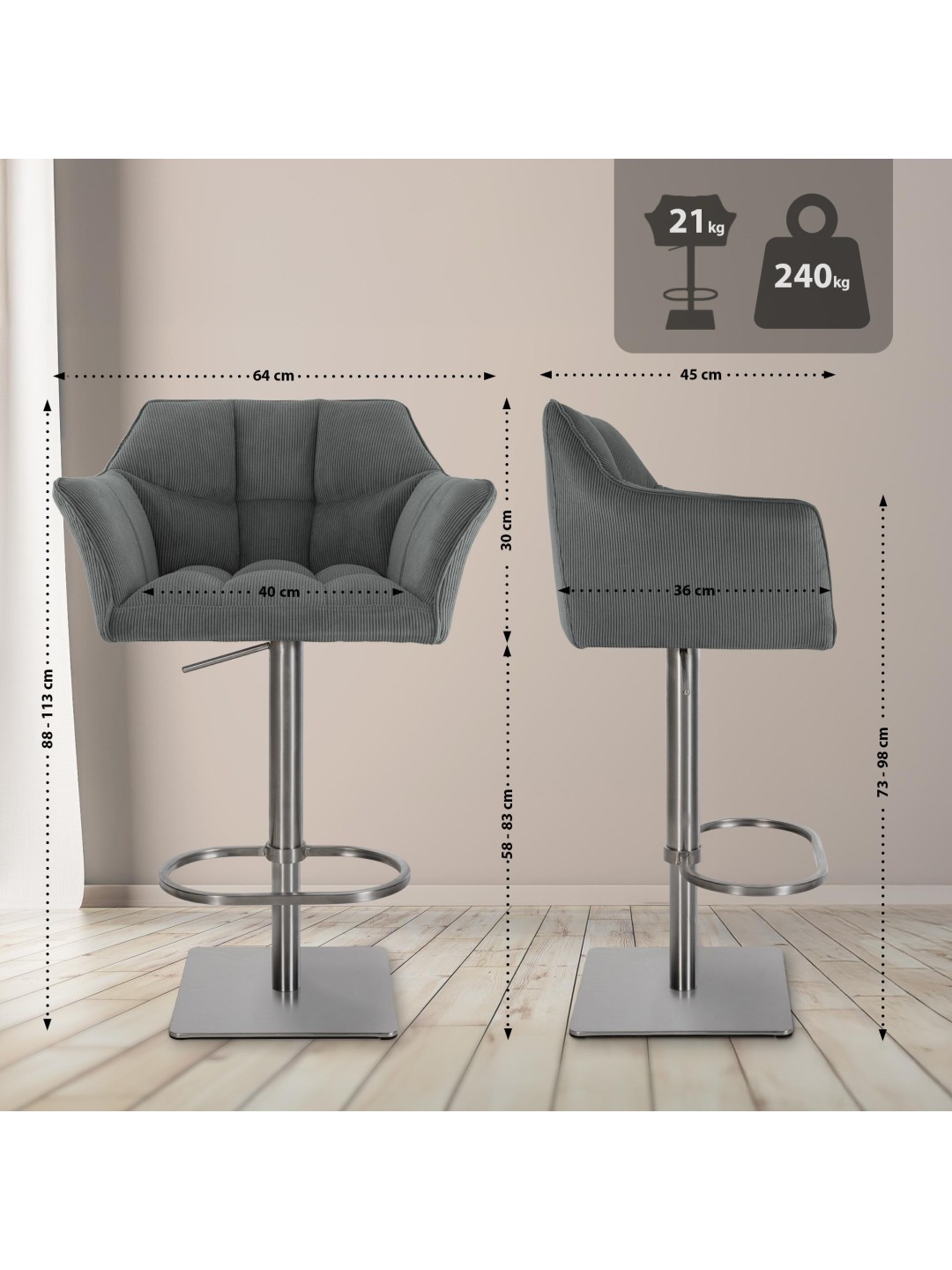 Taburete de bar Damaso E Cordón, gris