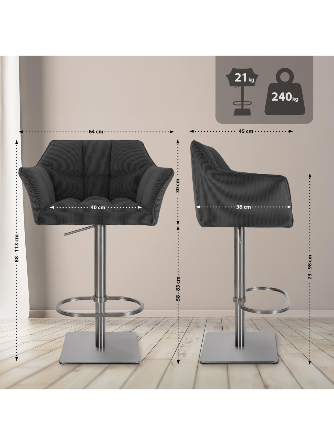 Taburete de bar Damaso E Cordón, gris oscuro