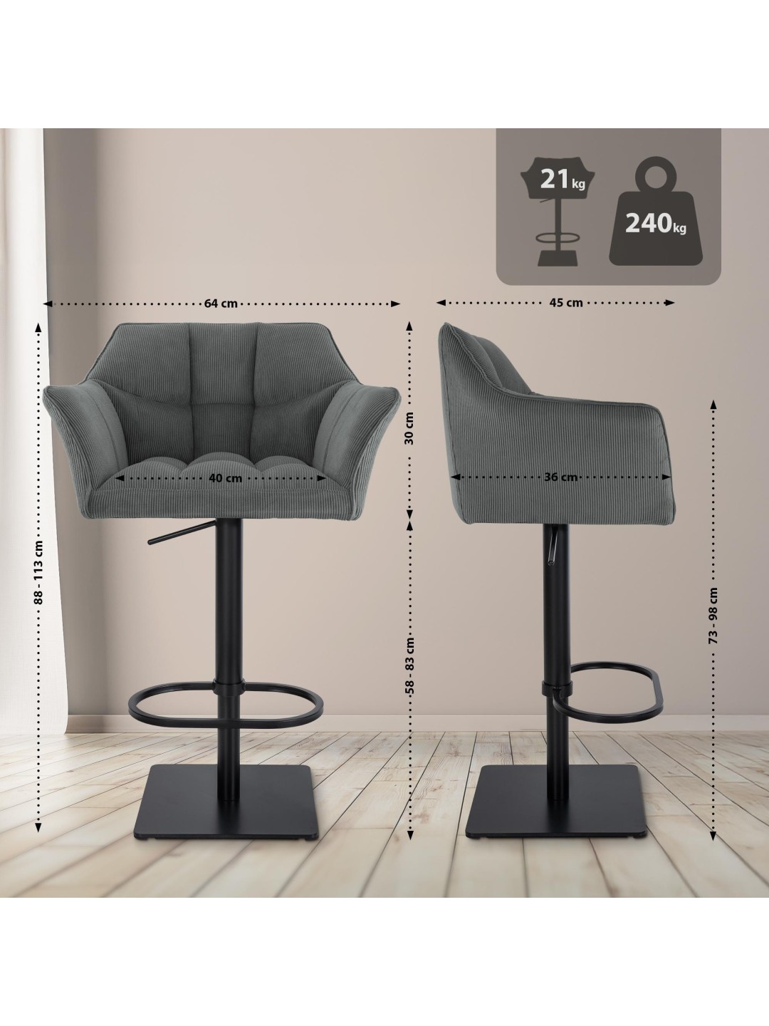 Taburete de bar Damaso B Cordón, gris