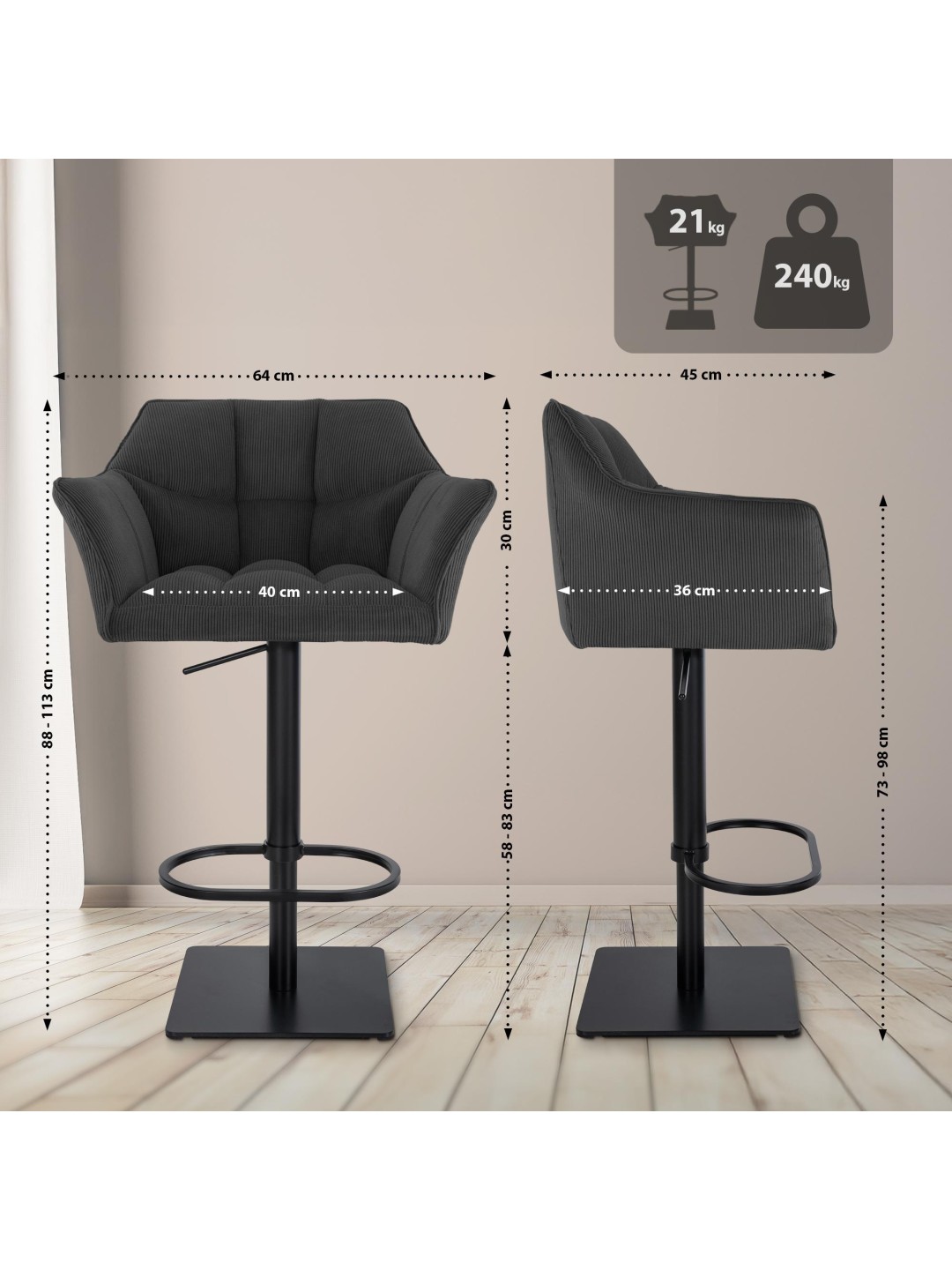 Taburete de bar Damaso B Cordón, gris oscuro