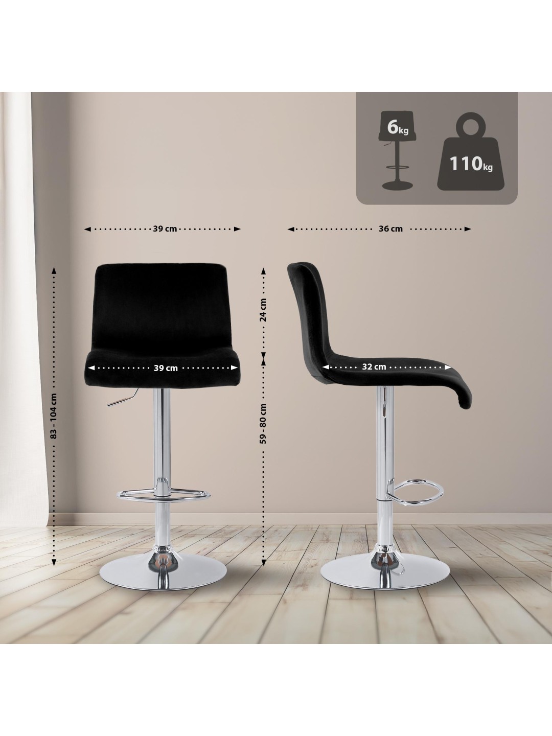 Taburete de bar Hoover terciopelo C, negro