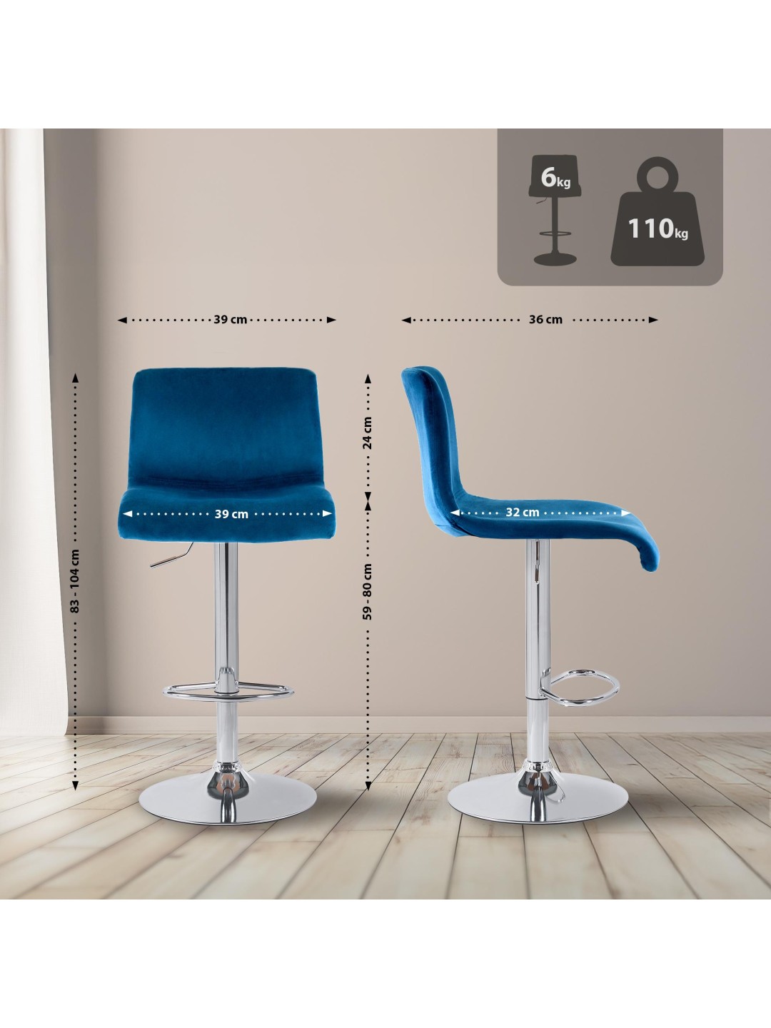 Taburete de bar Hoover terciopelo C, azul