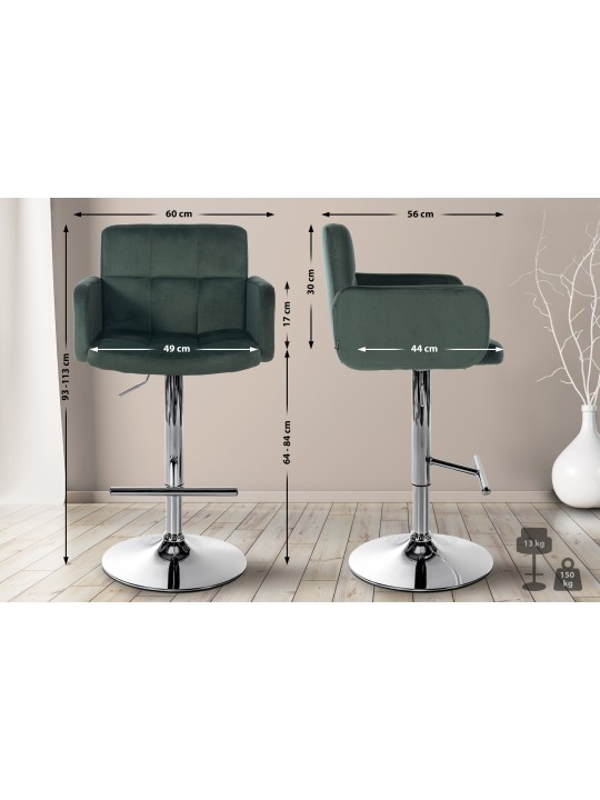 Juego de 2 taburetes de bar Los Angeles terciopelo cromado, verde oscuro