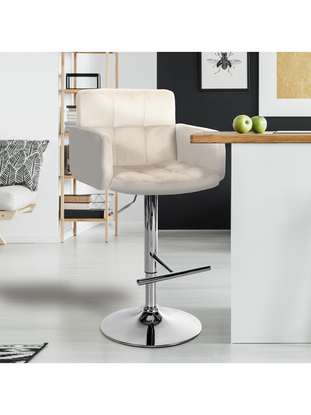 Juego de 2 taburetes de bar Los Angeles terciopelo cromado, crema