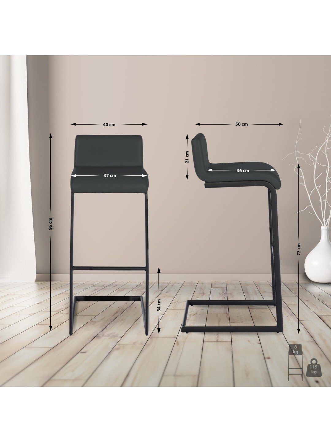 Juego de 2 taburetes de bar Newport B piel sintética, gris oscuro