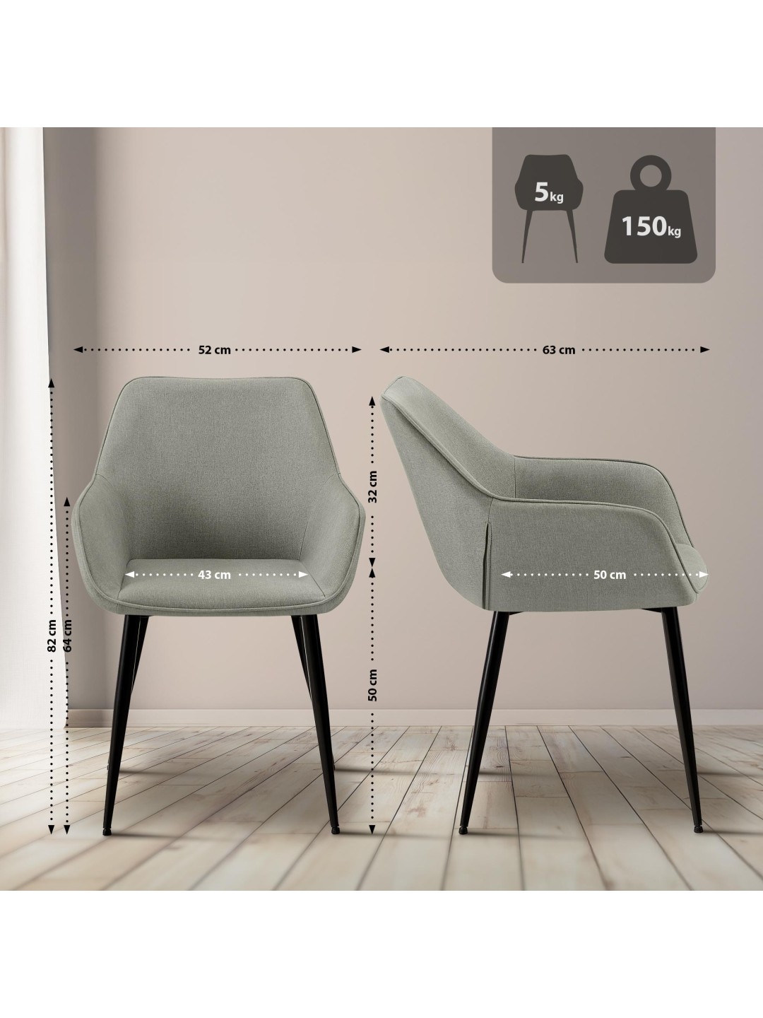 Juego de 2 sillas de comedor tela Luena, gris claro