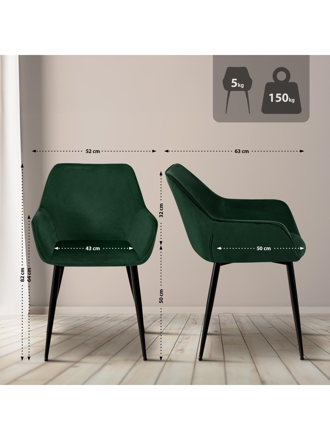 Juego de 2 sillas de comedor Luena terciopelo, verde