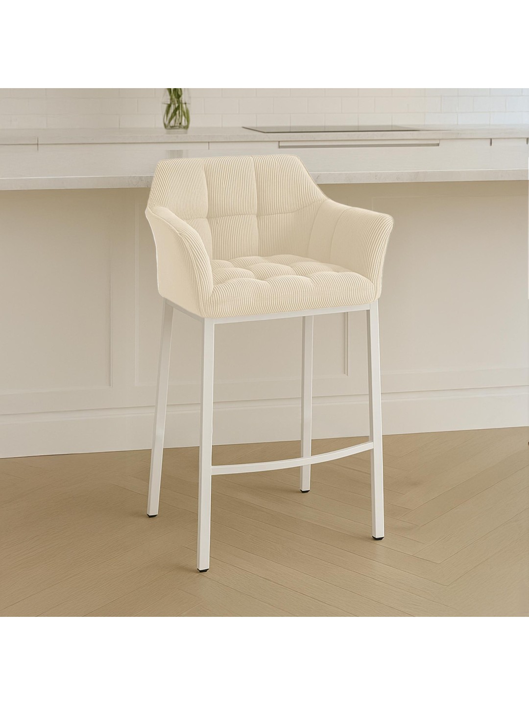 Taburete de bar Damaso W Cord con estructura de 4 pies, crema