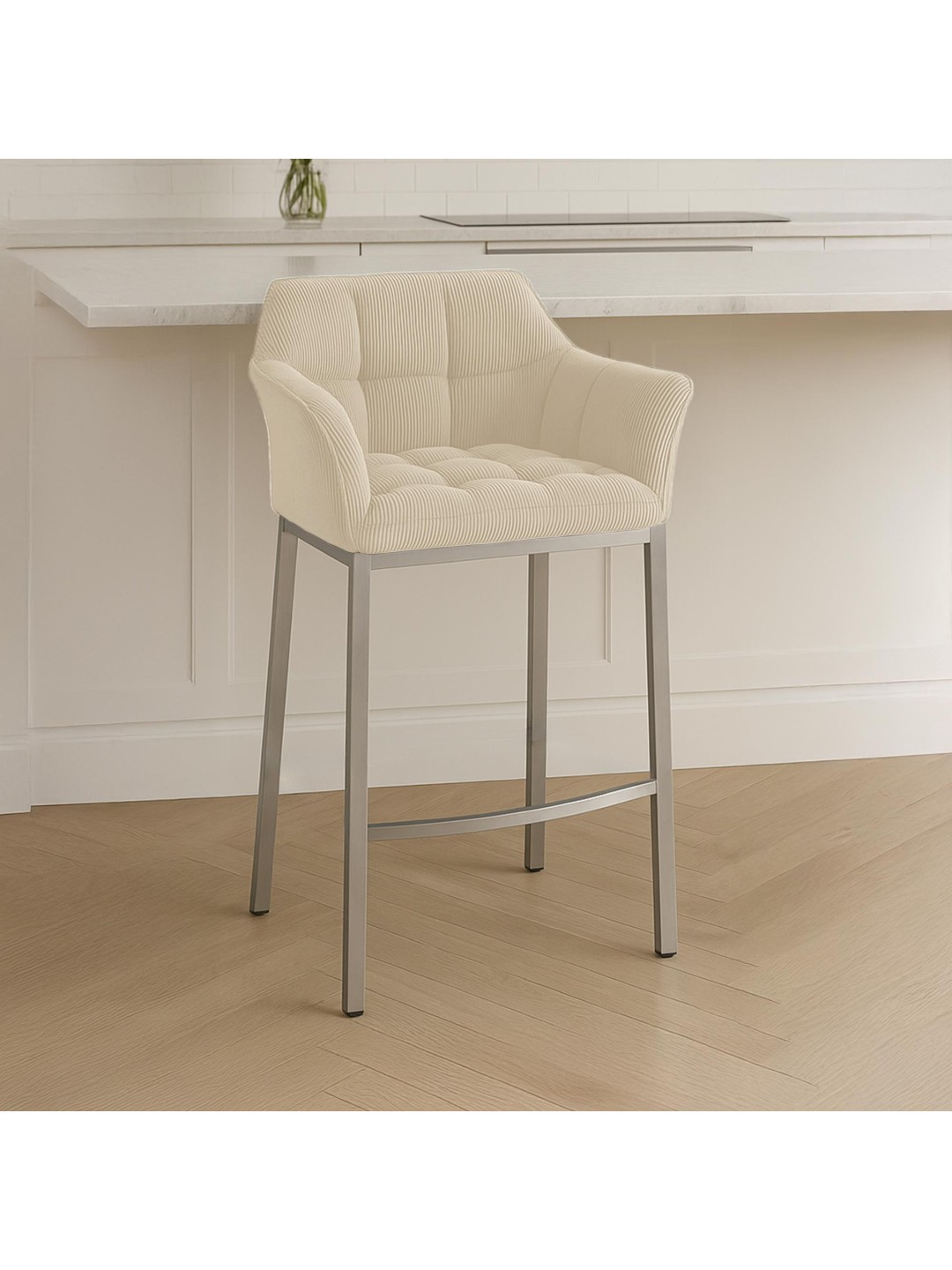 Taburete de bar Damaso E Cord con estructura de 4 pies, crema