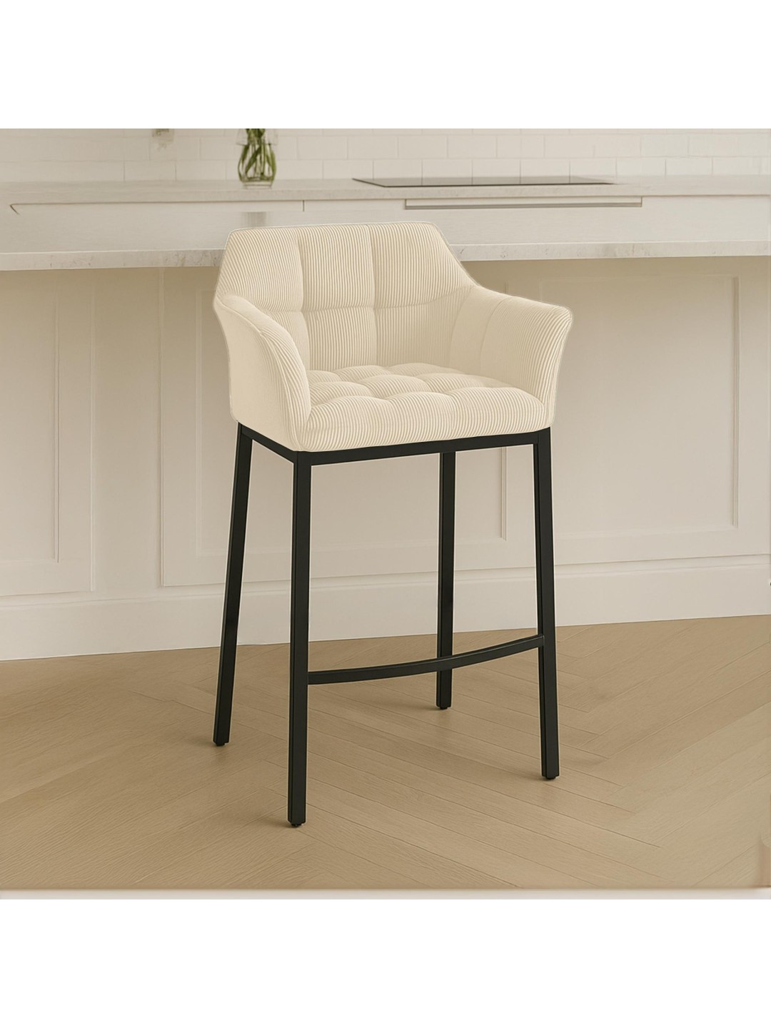 Taburete de bar Damaso B Cord con estructura de 4 pies, crema