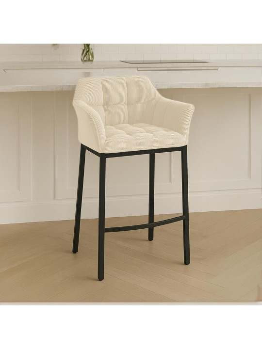 Taburete de bar Damaso B Cord con estructura de 4 pies, crema