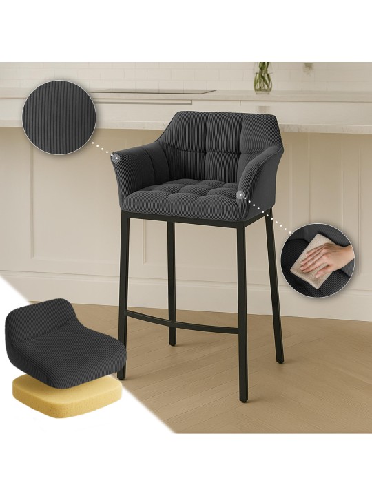 Taburete de bar Damaso B Cord con estructura de 4 pies, gris oscuro