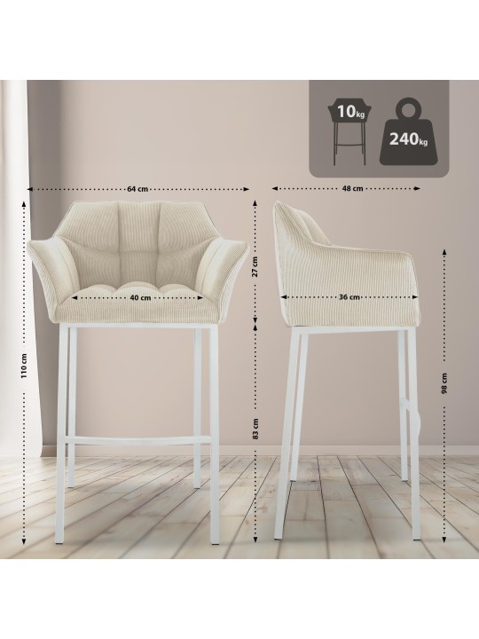 Taburete de bar Damaso W Cord con estructura de 4 pies, crema