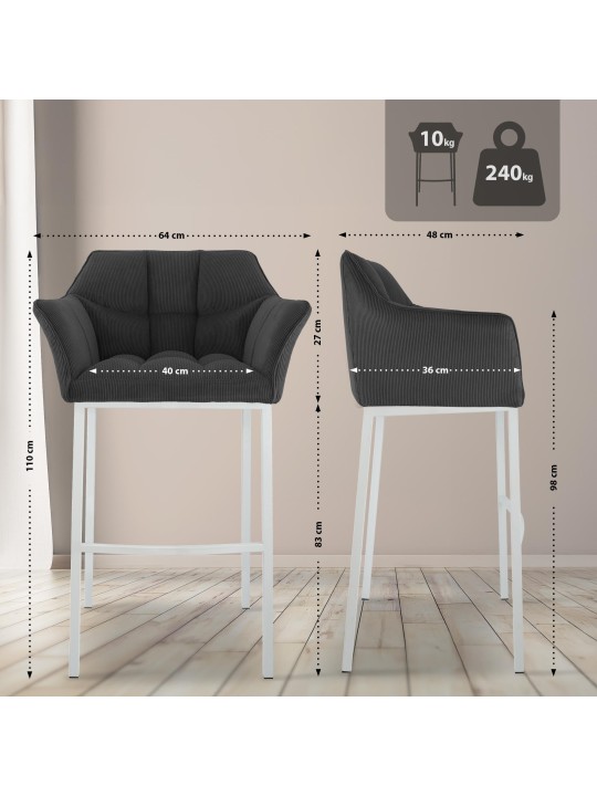 Taburete de bar Damaso W Cord con estructura de 4 pies, gris oscuro