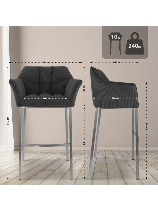 Taburete de bar Damaso E Cord con estructura de 4 pies, gris oscuro