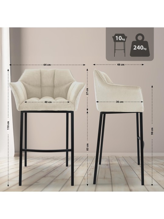 Taburete de bar Damaso B Cord con estructura de 4 pies, crema