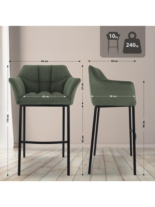 Taburete de bar Damaso B Cord con estructura de 4 pies, verde Taburete de bar Damaso B Cord con estructura de 4 pies, verde