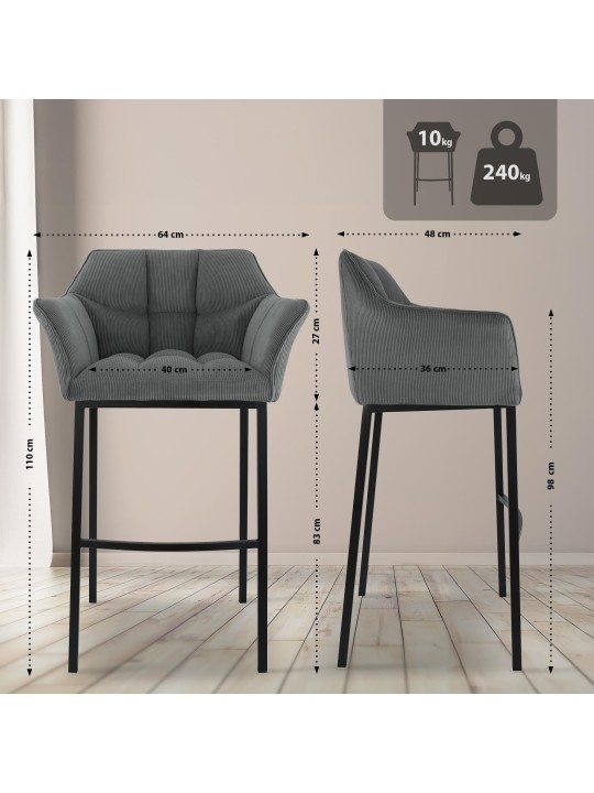 Taburete de bar Damaso B Cord con estructura de 4 pies, gris