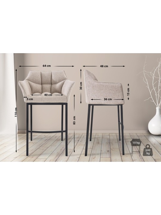 Taburete de bar Damaso B tela con estructura de 4 pies, marfil