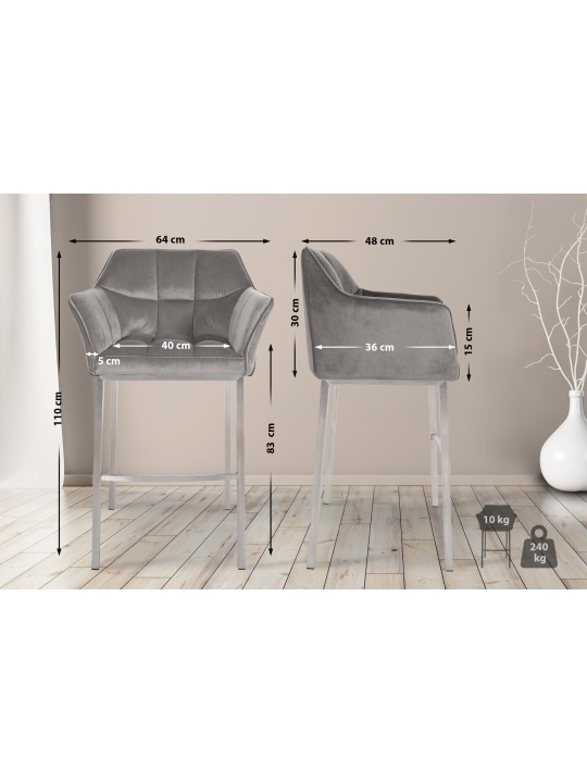 Taburete de bar Damaso E terciopelo con estructura de 4 pies, gris