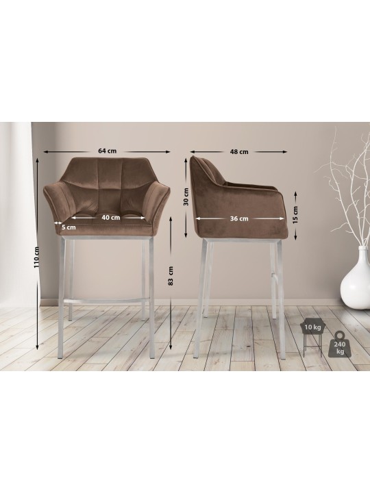 Taburete de bar Damaso E terciopelo con estructura de 4 pies, marrón