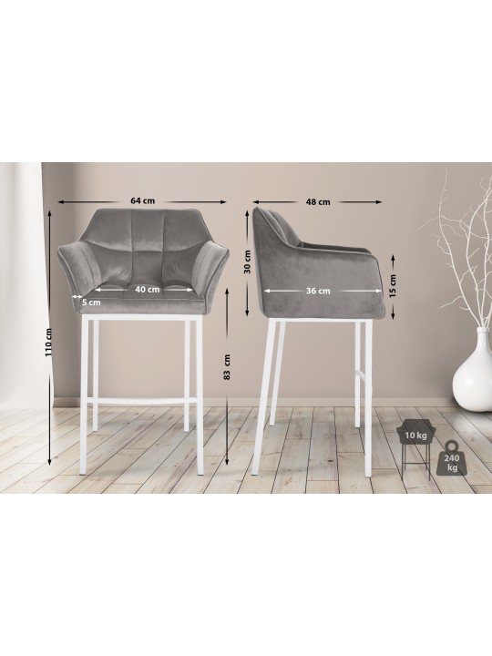 Taburete de bar Damaso W terciopelo con estructura de 4 pies, gris