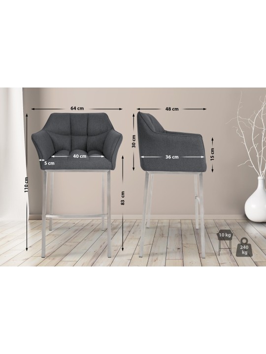 Taburete de bar Damaso E de fieltro con estructura de 4 pies, gris