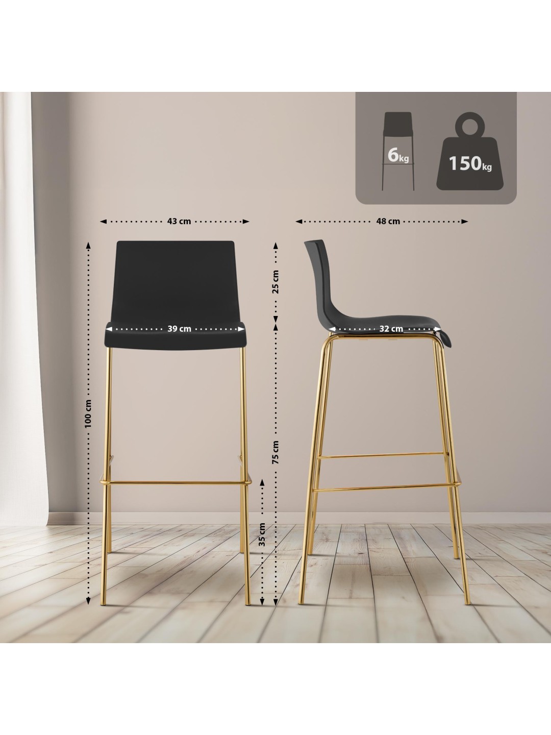 Juego de 2 taburetes de bar Hoover plástico 4 pies dorado, negro