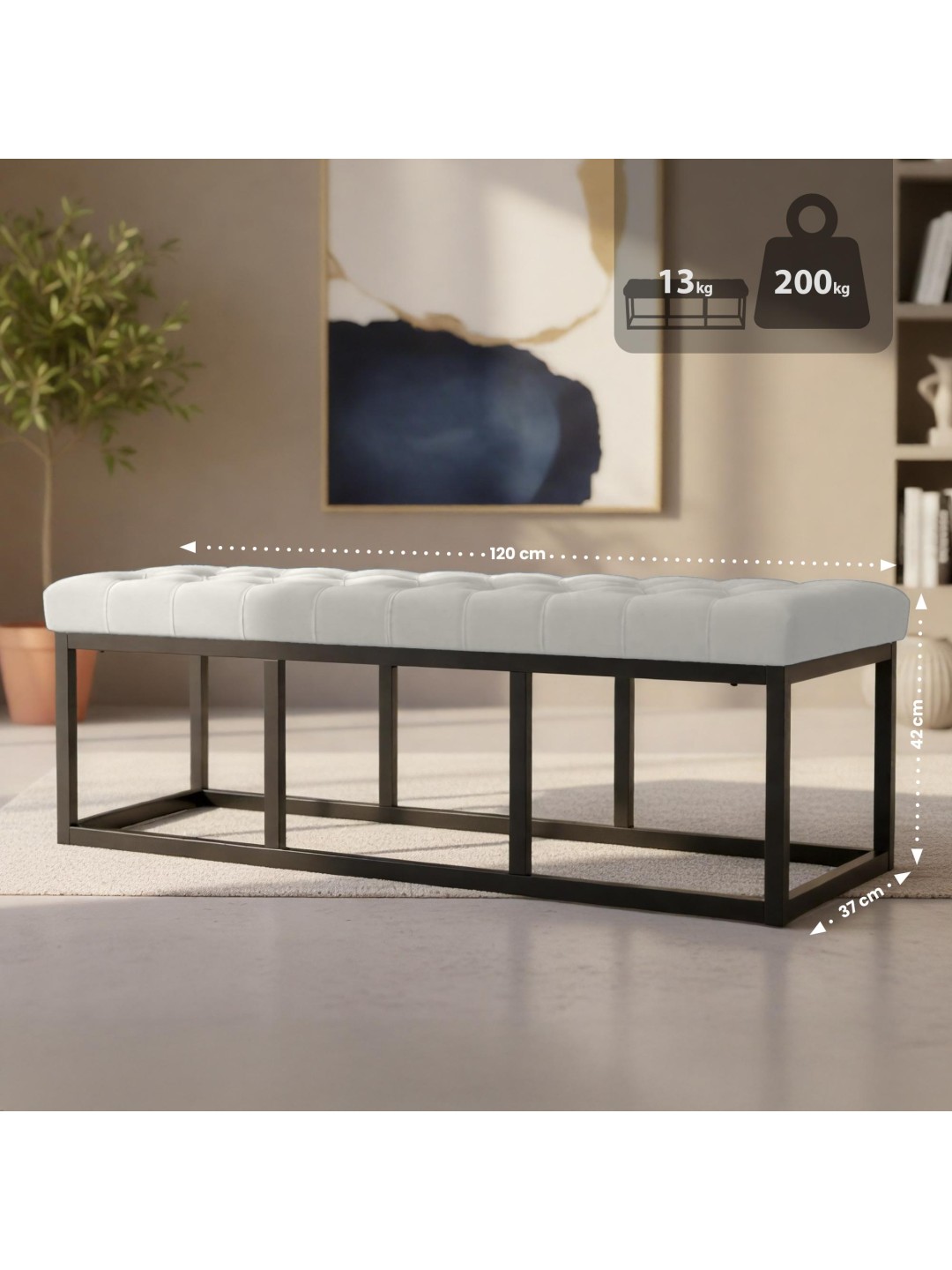 Banco Polson terciopelo 120 cm, crema