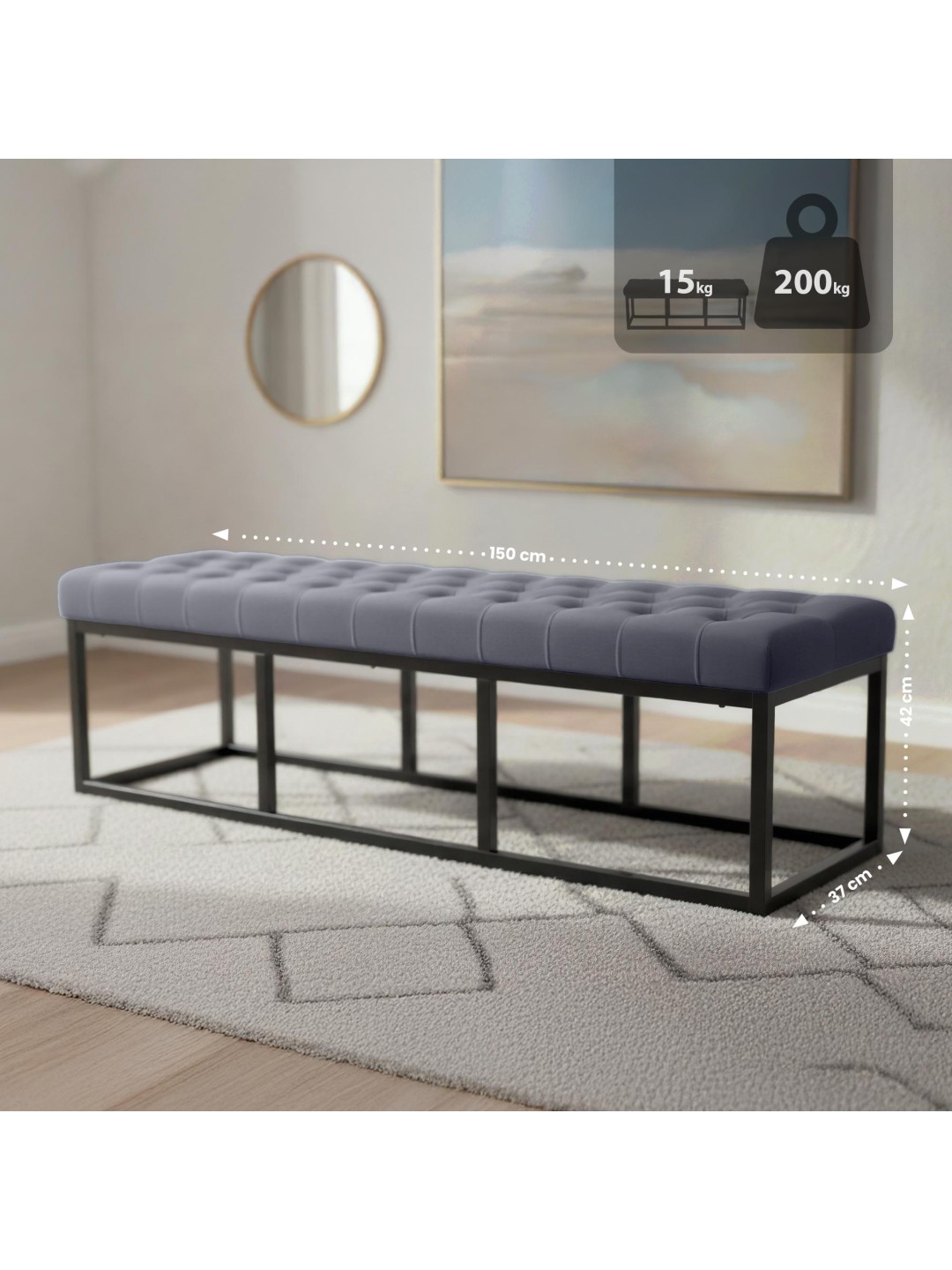 Banco Polson terciopelo 150 cm, gris