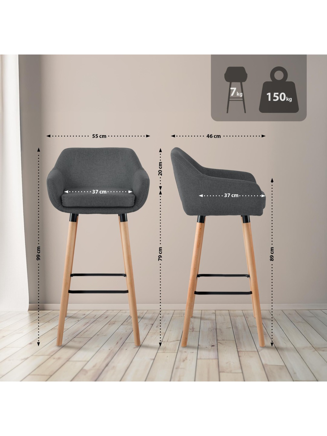 Juego de 2 taburetes de bar Grant tela, gris oscuro