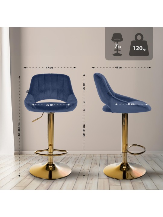 Juego de 2 taburetes de bar Milet Terciopelo G, azul Juego de 2 taburetes de bar Milet Terciopelo G, azul