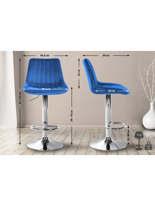 Juego de 2 taburetes de bar Toni terciopelo cromado, azul