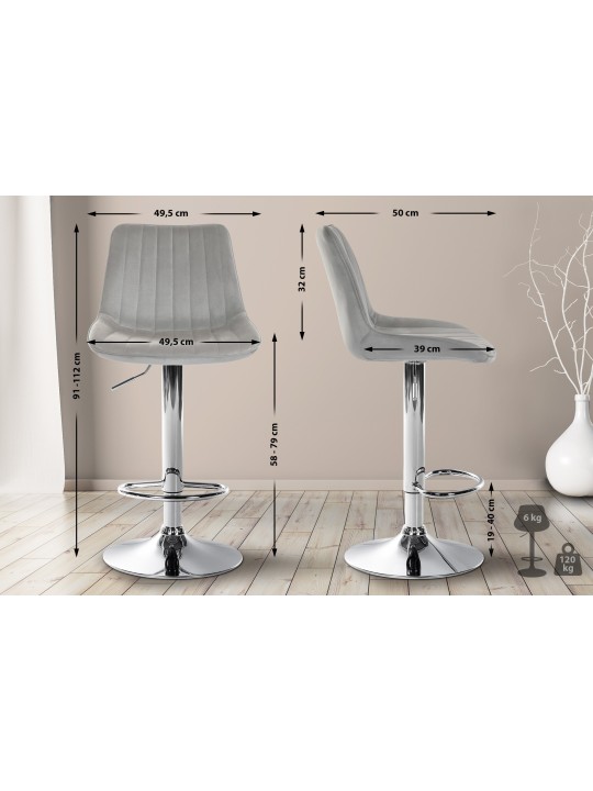 Juego de 2 taburetes de bar Toni terciopelo cromado, gris