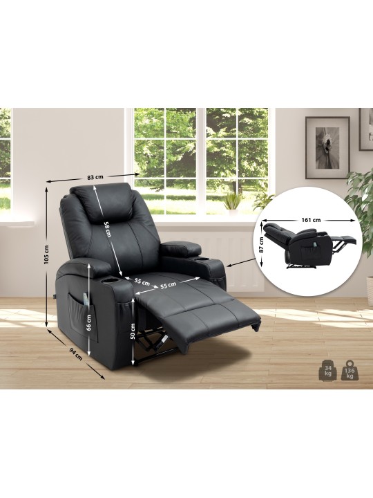 Sillón Galena con función de masaje de cuero auténtico, negro